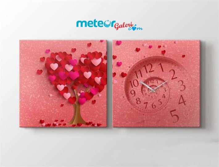 Ağaçta Kalpli Yapraklar Saatli 2 Parça Kanvas Tablo