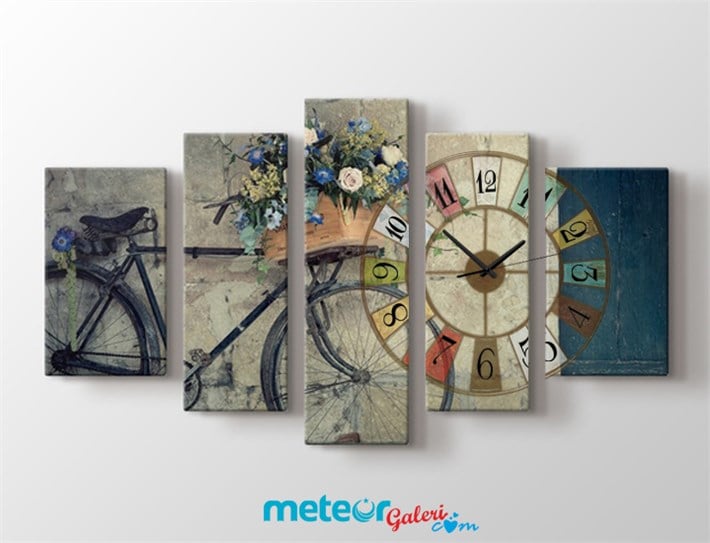 Renkli Saatli Sepetinde Mavi Çiçekli Bisiklet Kanvas Tablo
