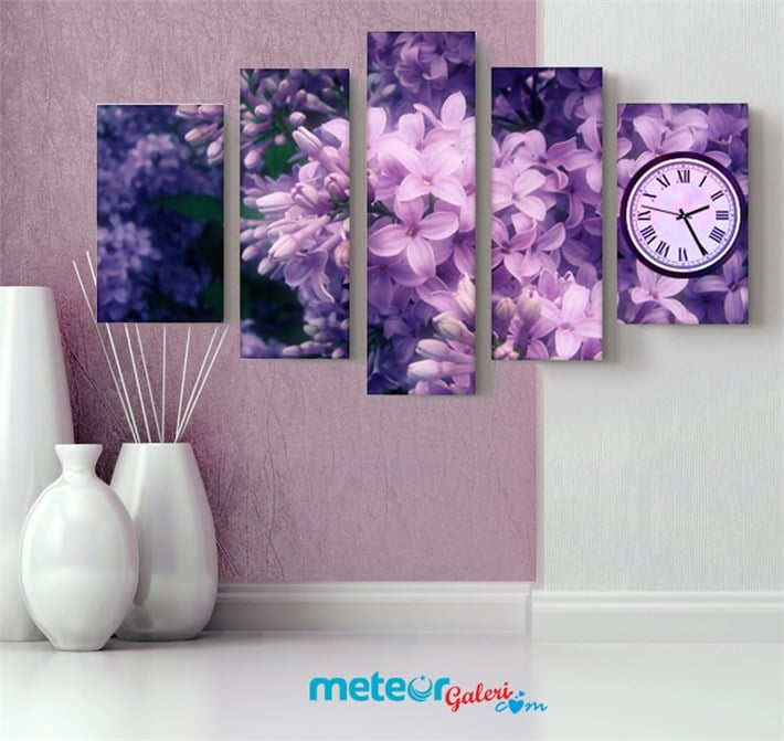 Mor Sümbül Açmış Saatli Kanvas Tablo