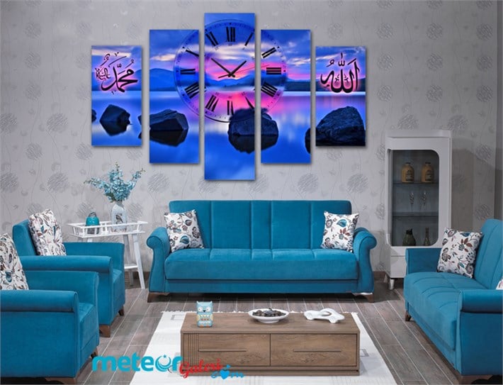 Deniz Üzerinde Taşlı Allah Muhammed Saatli Kanvas Tablo