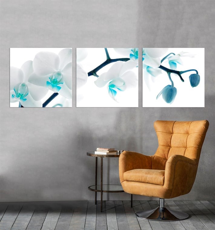 3 Parça Orkide Çiçekli Mavi Kanvas Tablo