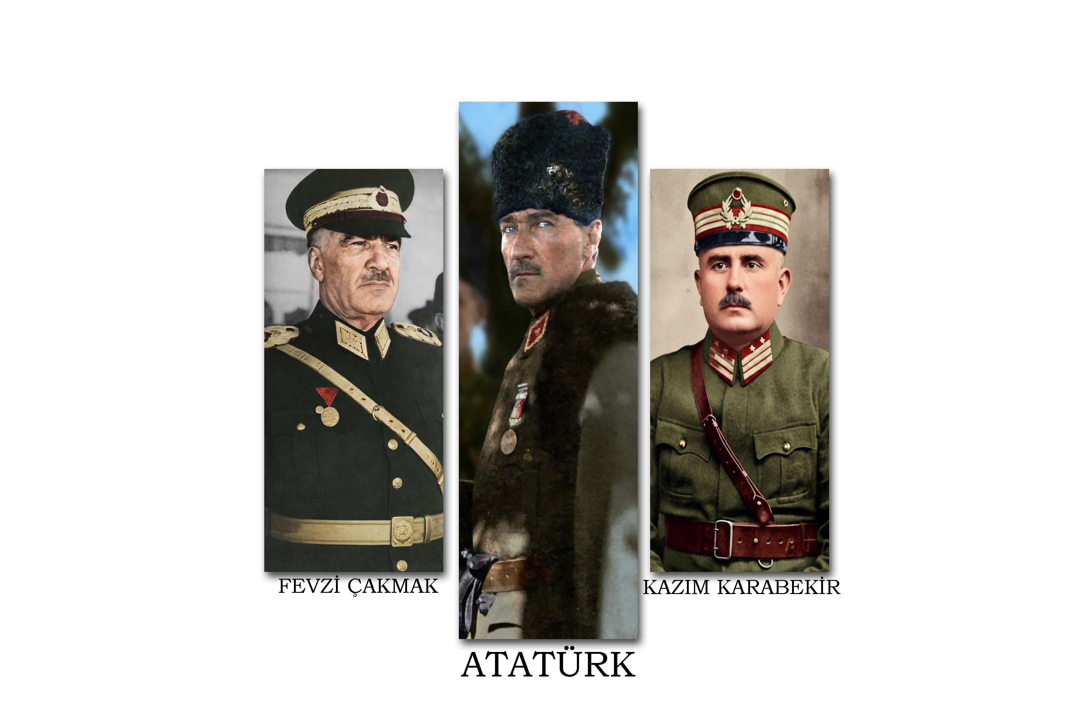 3 Parçalı Atatürk, Fevzi Çakmak ve Kazım Karabekir Kanvas Tablo | Tarihi Liderler Duvar Sanatı