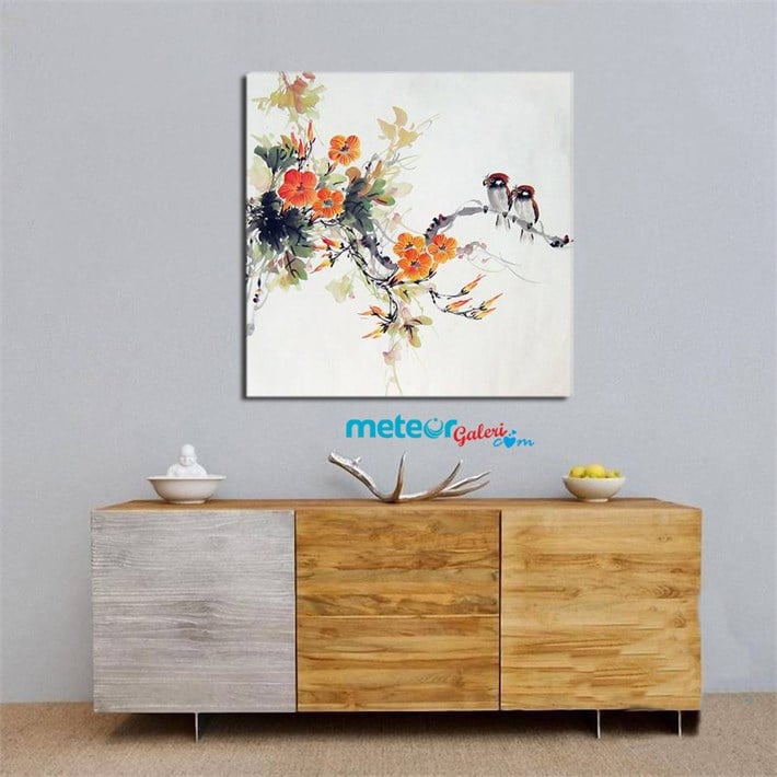 Turuncu Çiçeklerde Dala Konmuş Kuşlar Kanvas Tablo