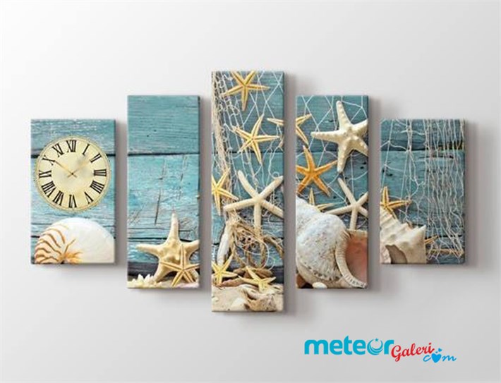 Saatli 5 Parça Deniz Yıldızı ve Kabukları Kanvas Tablo