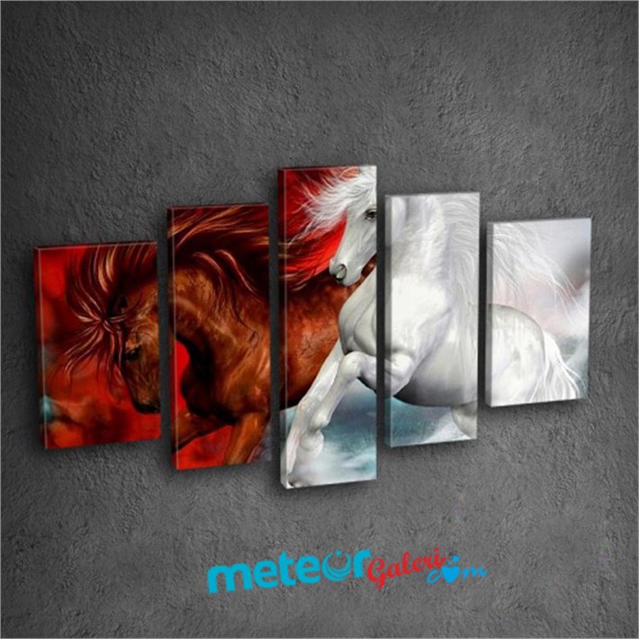 Şahlanan Al ve Ak Atlar 5 Parça Kanvas Tablo