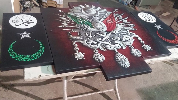 Osmanlı Devlet Arması ve Ay Yıldız 5 Parça Kanvas Tablo