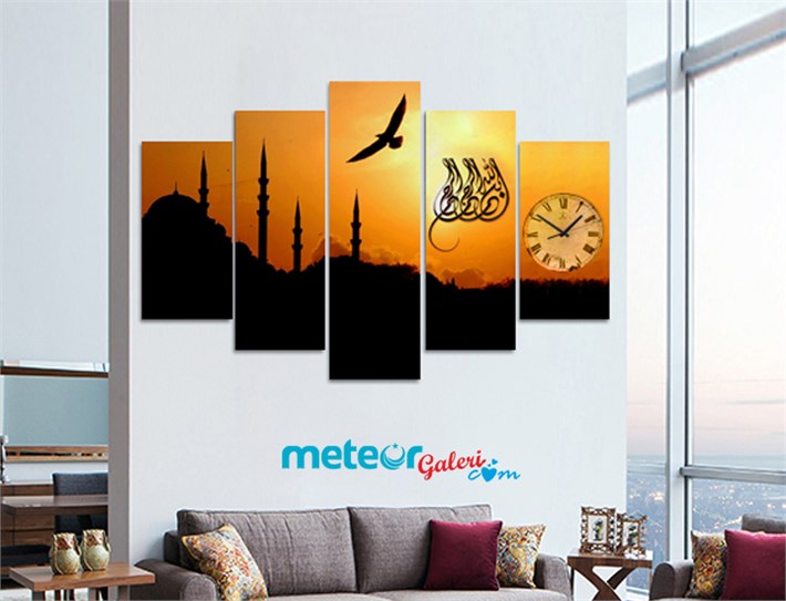 Bismillah Yazılı Gün Batımı Cami Temalı Saatli Kanvas Tablo