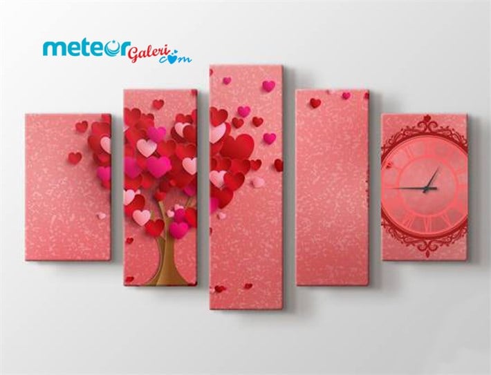 Kalpli Ağaç Kalpli Yapraklar Saatli 5 Parça Kanvas Tablo