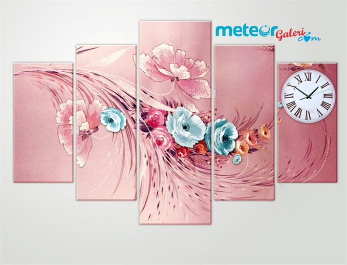 Modern Pembe Mavi Çiçek Desenli Saatli Kanvas Tablo