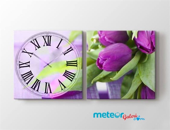 Saatli Mor Yapraklı Açmamış Laleler 2 Parçalı Kanvas Tablo