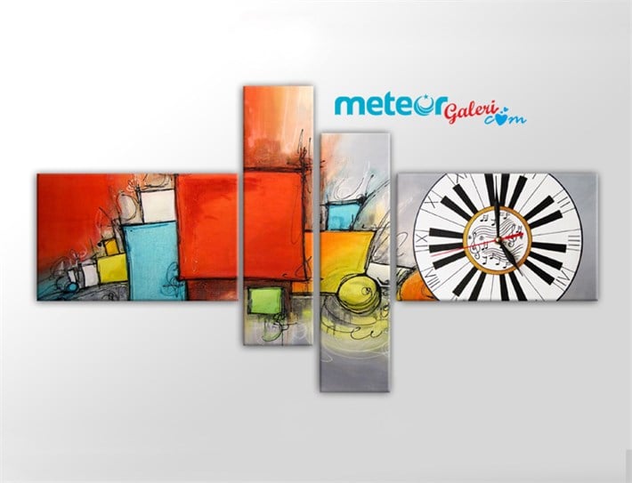 Renkli Çizgisel Frame Saatli Kanvas Tablo