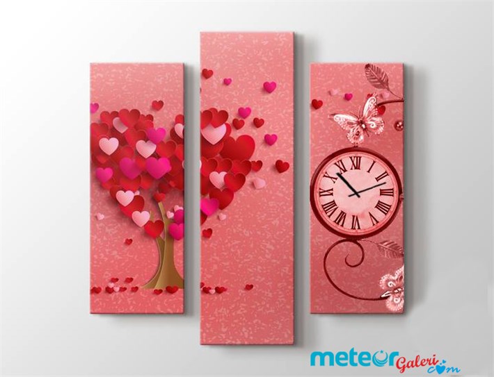 Kalpli Ağaç Kalpli Yapraklar Saatli 3 Parça Kanvas Tablo