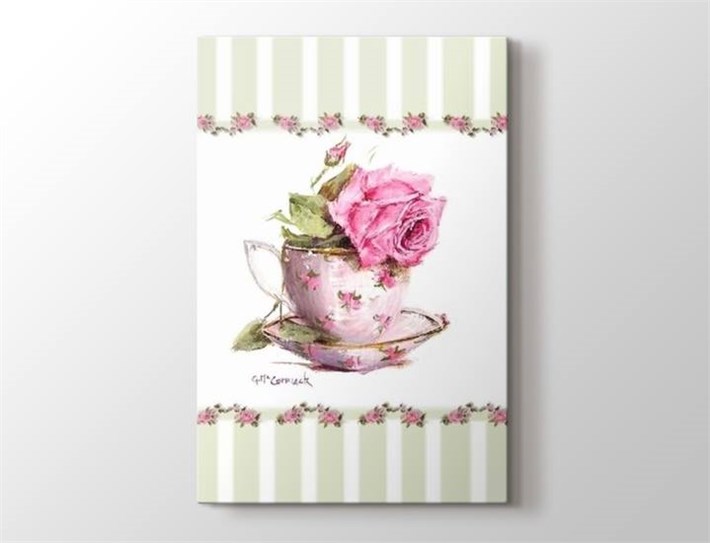 Vintage Pembe Güllü Fincan Retro Kanvas Tablo