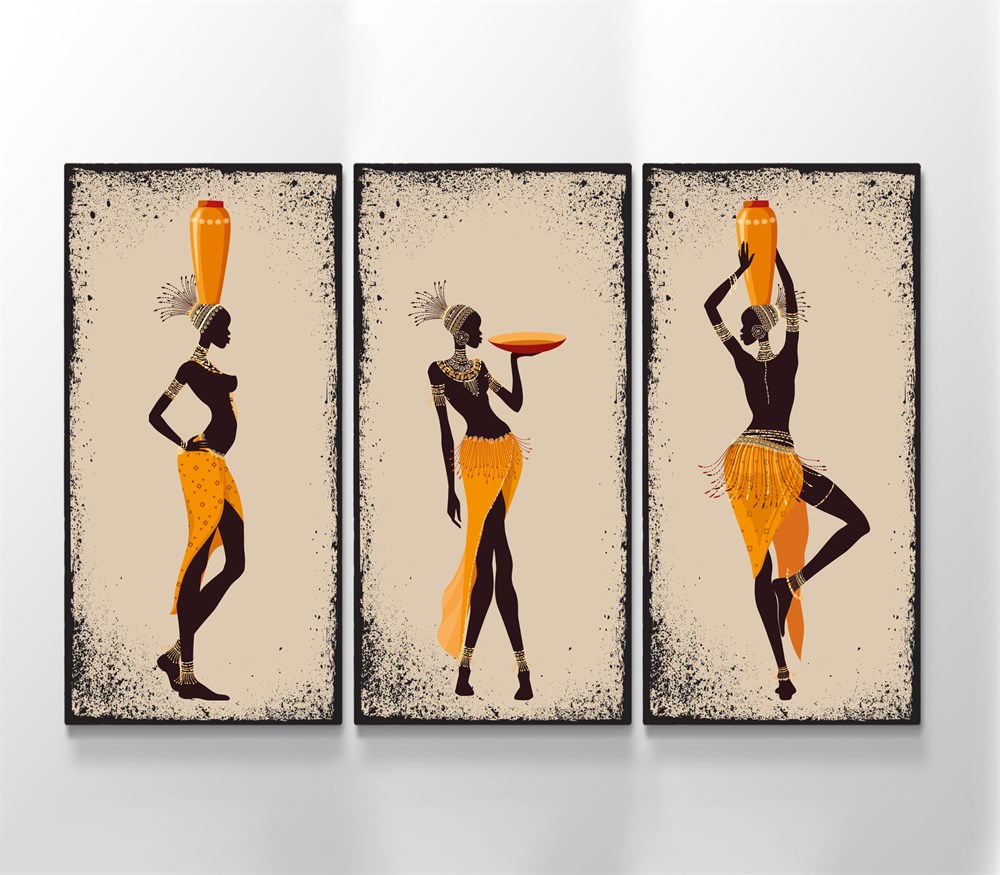 Afrikalı Siyahi Kadın Resimli 3 Parçalı Kanvas Tablo