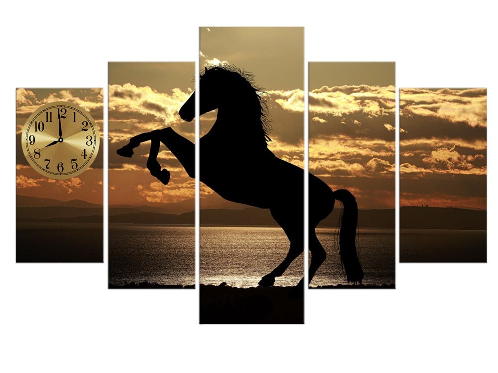 At Silüeti Dekoratif Saatli Kanvas Tablo