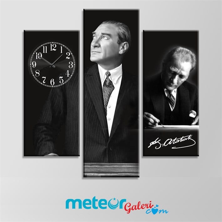 Atatürk 3 Parça Saatli Kanvas Tablo
