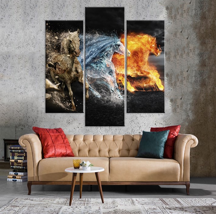 Ateş Su ve Toprak Temalı 3 Atlı 3 Parça Kanvas Tablo