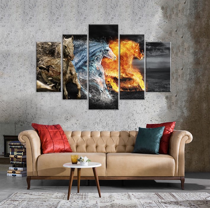 Ateş Su ve Toprak Temalı 3 Atlı 5 Parça Kanvas Tablo