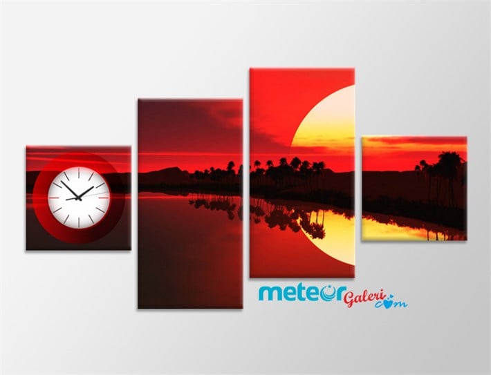 Gün Batımı Kırmızı Manzara Saatli Kanvas Tablo 