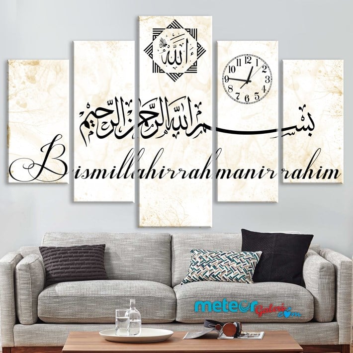 Besmele Yazılı Saatli 5 Parça Kanvas Tablo