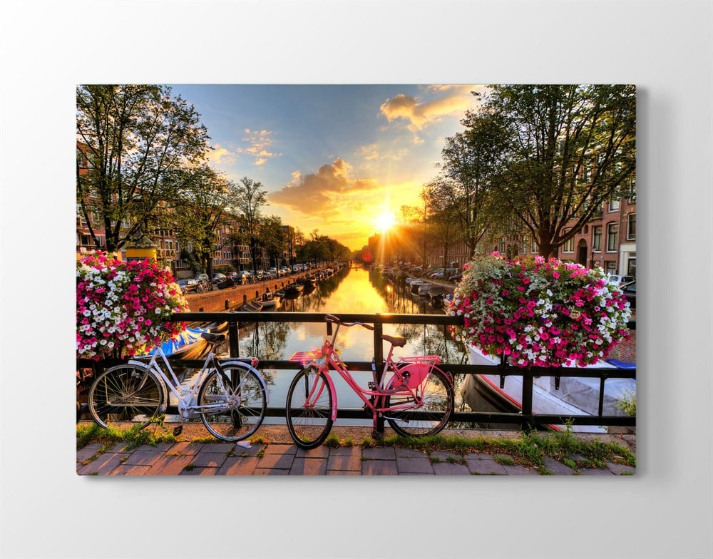 Bisiklet ve Çiçekli Manzara Amsterdam Resimli Kanvas Tablo