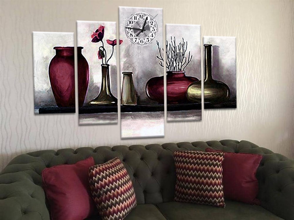 Bordo Çiçekli Dekoratif Vazolar 5 Parça Kanvas Tablo