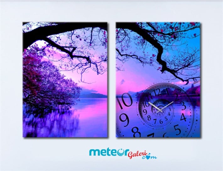 Mor Renkli Göl ve Çiçekli Ağaç Saatli Kanvas Tablo