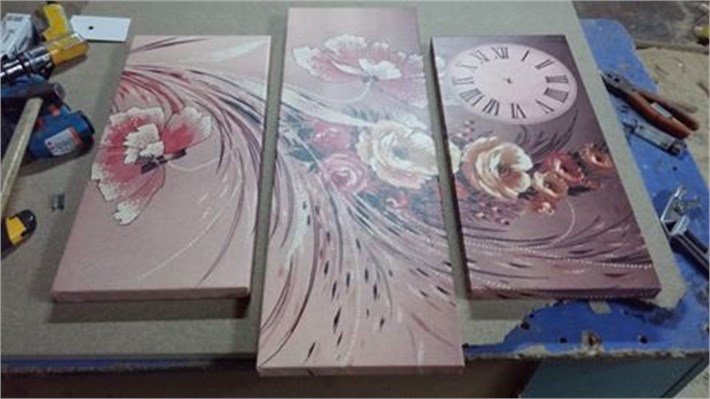 Çiçekli Saatli 3 Parça Kanvas Tablo