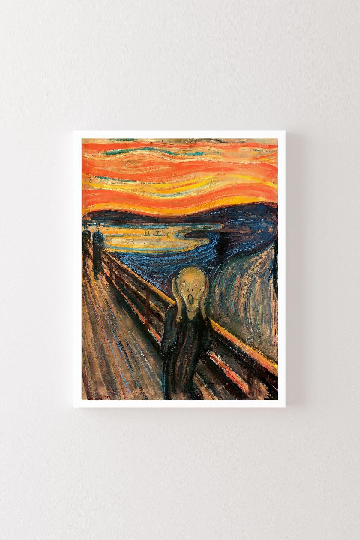 Çığlık Tablosu - Edvard Munch Ekspresyonist Ünlü Eser İkonik Sanat İllüstrasyonu Çerçeveli Duvar Tablosu – Beyaz Çerçeve