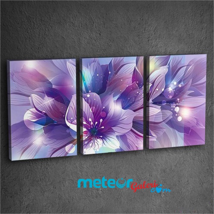 Işıltılı Mor Çiçekli 3 Parça Kanvas Tablo