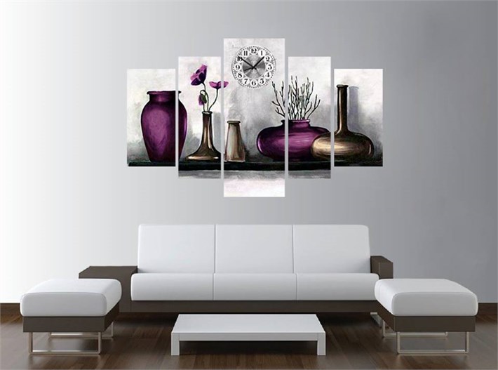 Dekoratif vazolar ve mor çiçekli saatli 5 parça kanvas tablo