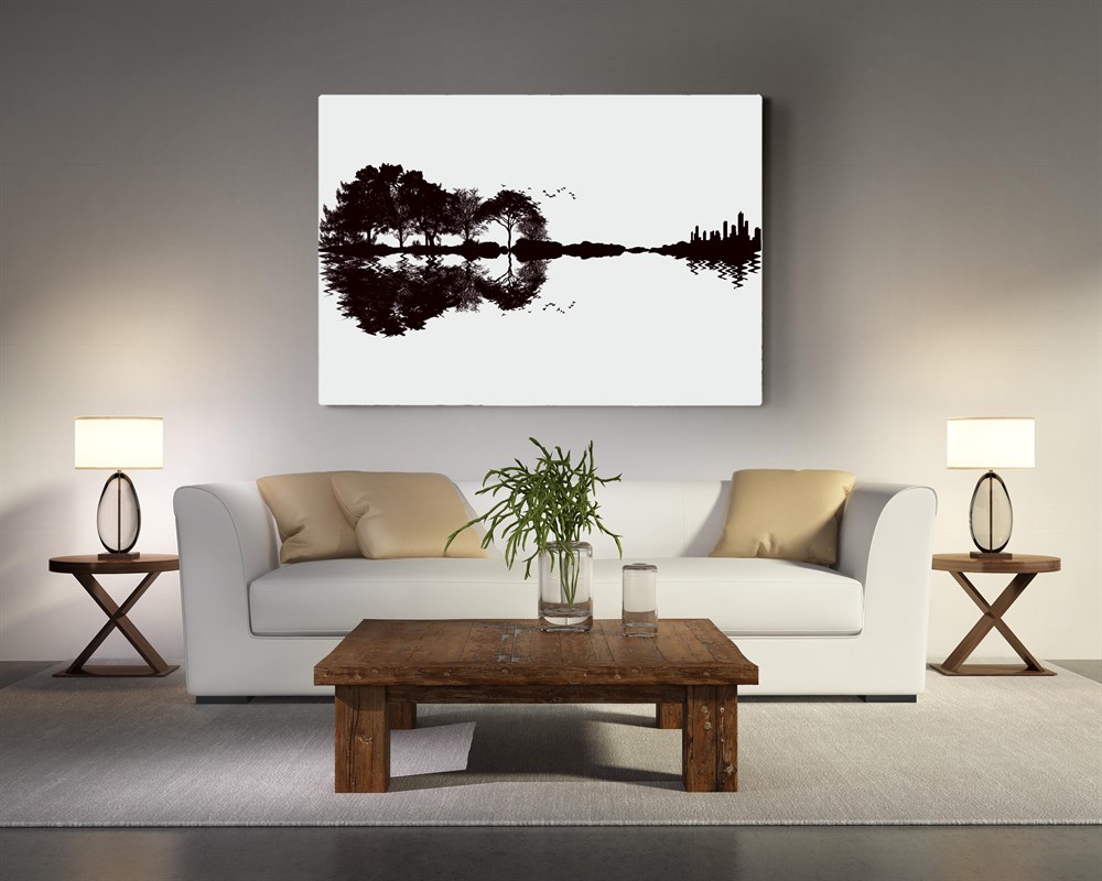 gitar ve şehir sliüetli kanvas tablo canvas hediye duvar panosu dekoratifi