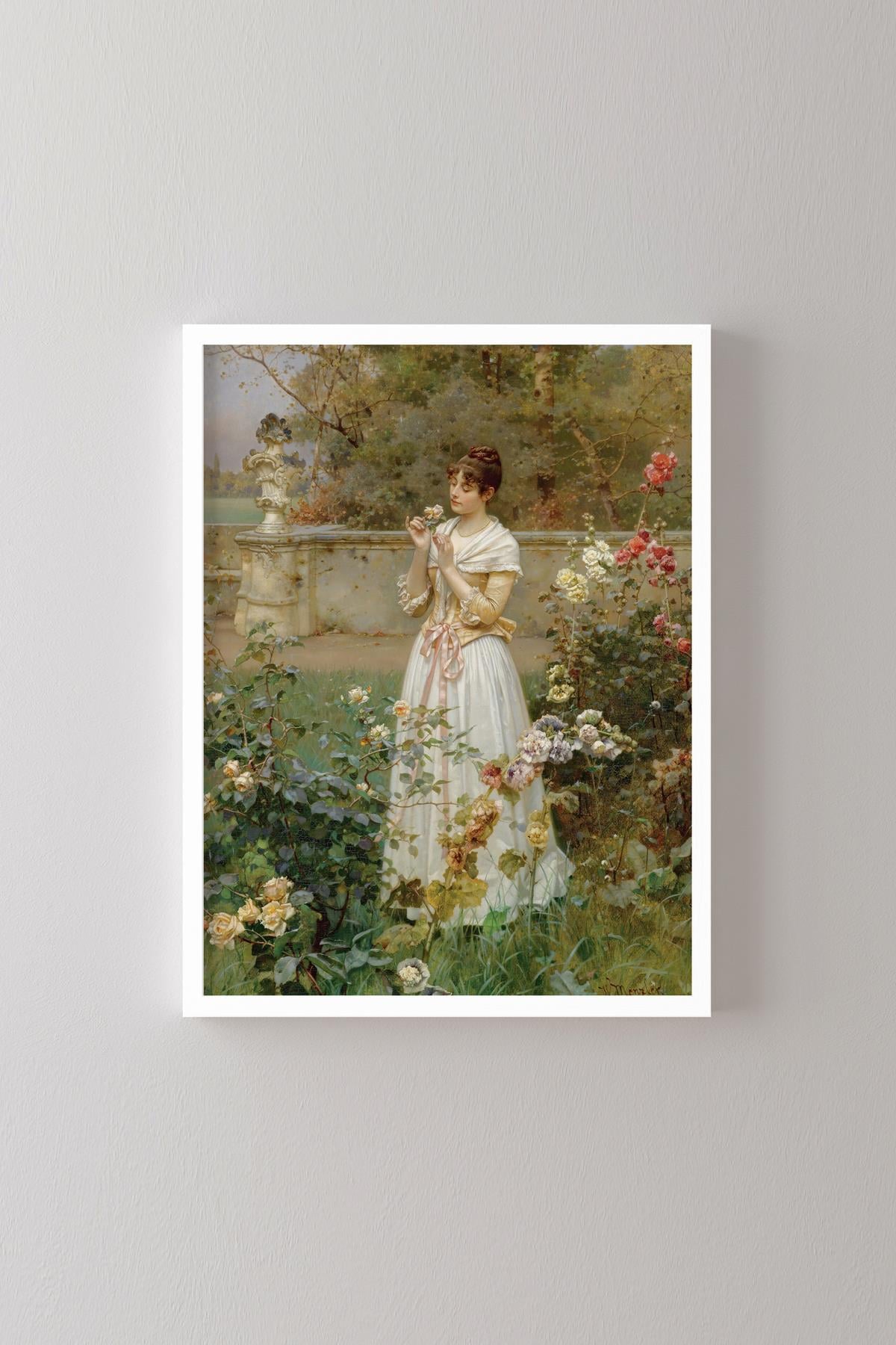 Güllerin Gülü Gül Bahçesi Kadın Figürü Romantik Klasik Tablo Vintage Çiçek Motifli Çerçeveli Duvar Dekoru – Siyah Çerçeve
