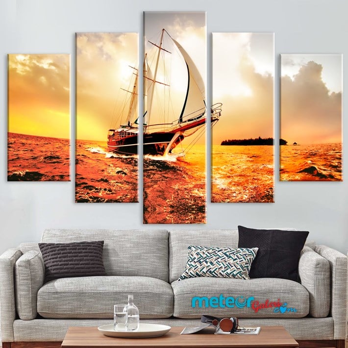 Gün Batımı Denizdeki Gemi Kanvas Tablo