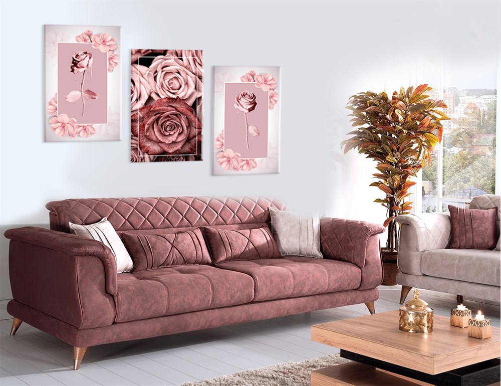 Güzel Pembe Çiçekli 3 Parçalı Kanvas Tablo