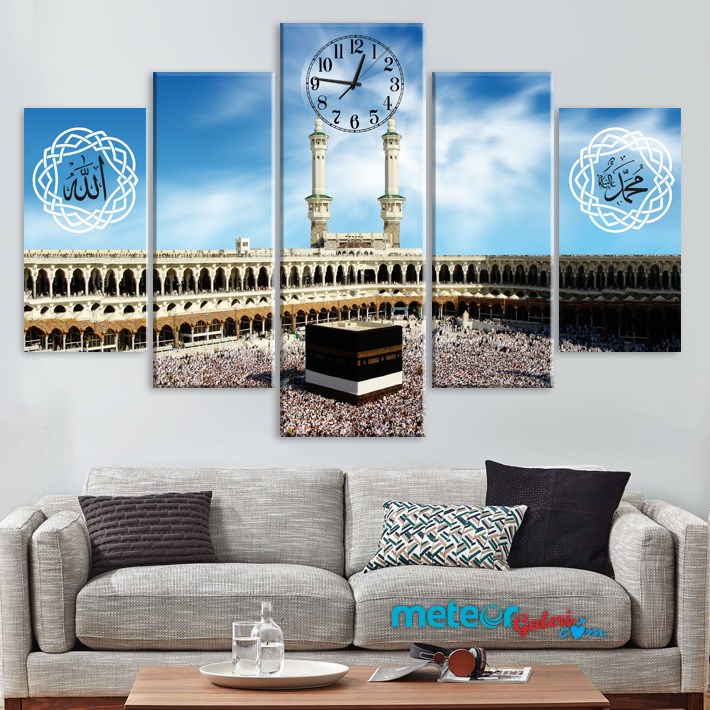 Kabe Saatli Allah Muhammed Yazılı Dini Kanvas Tablo