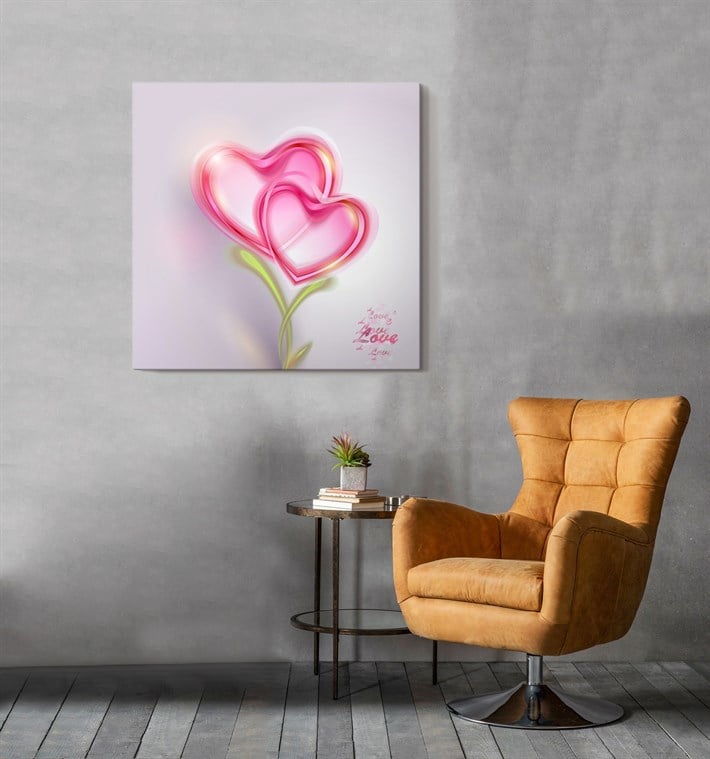Kalpli Pembe Çiçekli Aşk Kanvas Tablo