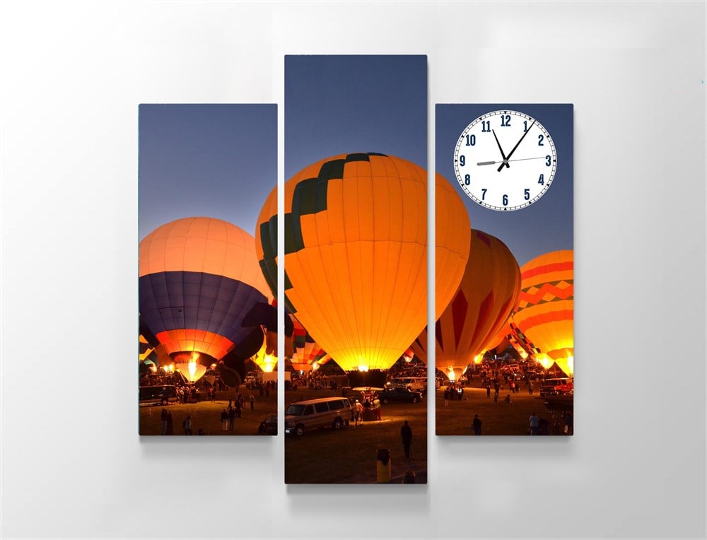 Kapadokya Balon 3 Parçalı Saatli Kanvas Tablo