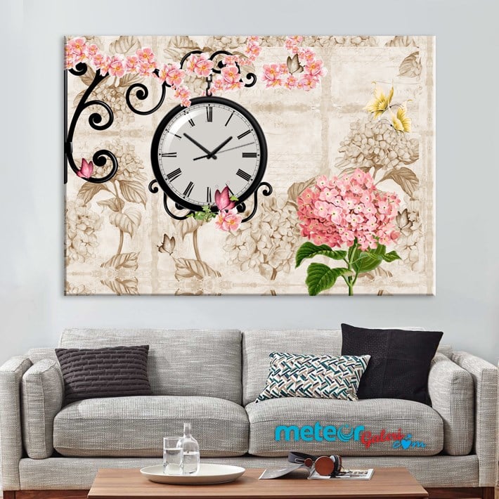 Krem Pembe Renkli Çiçekli Saatli Tek Parça Kanvas Tablo