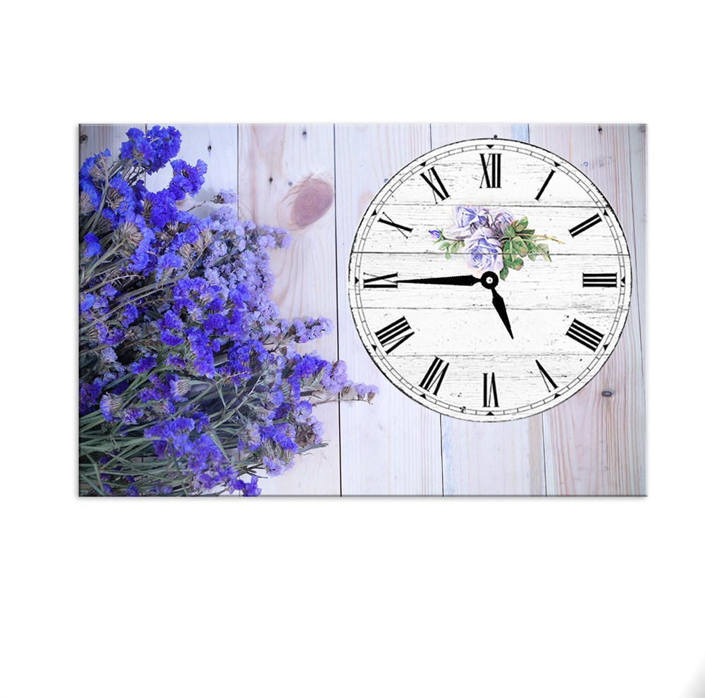 Mor Çiçekli Saatli Dekoratif Kanvas Tablo