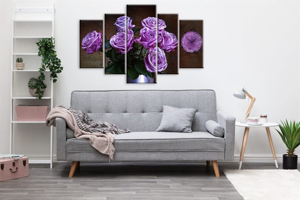Mor Lila Renkli Çiçekli 5 Parça Saatli Kanvas Tablo