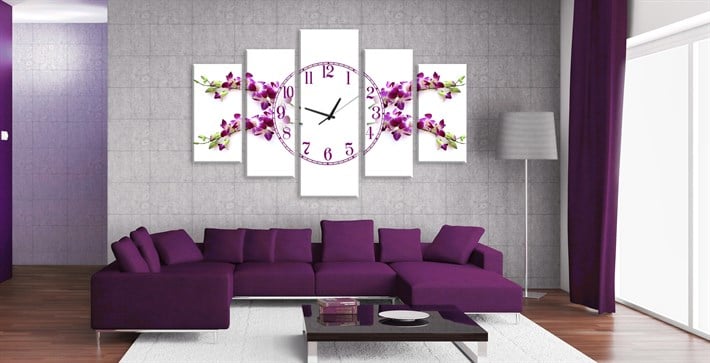 Mor Renkli Çiçekli Saatli Kanvas Tablo 