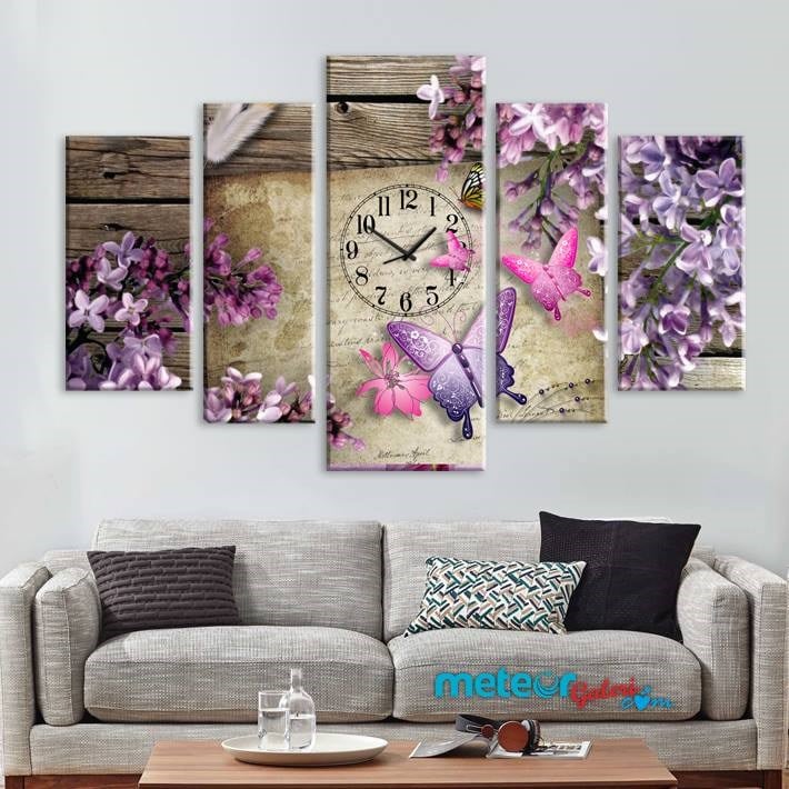 Mor Sümbüllü Kelebekli Saatli Kanvas Tablo