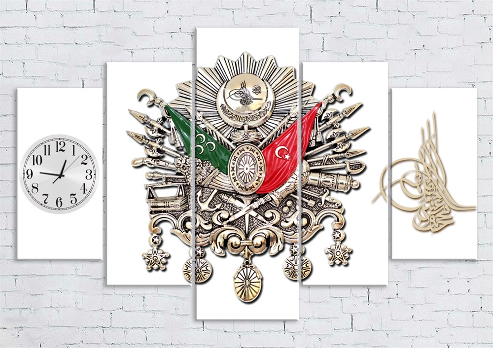 Osmanlı Tuğrası Saatli 5 Parçalı Kanvas Tablo