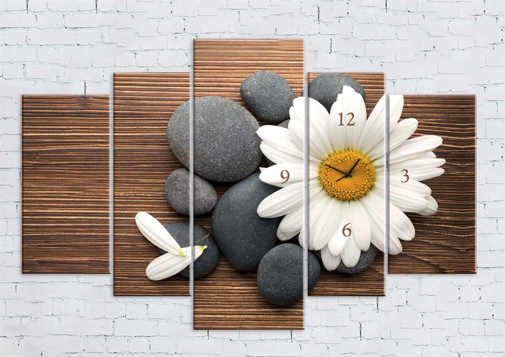 Papatyalı ve Spa Taşlı Saatli 5 Parça Kanvas Tablo