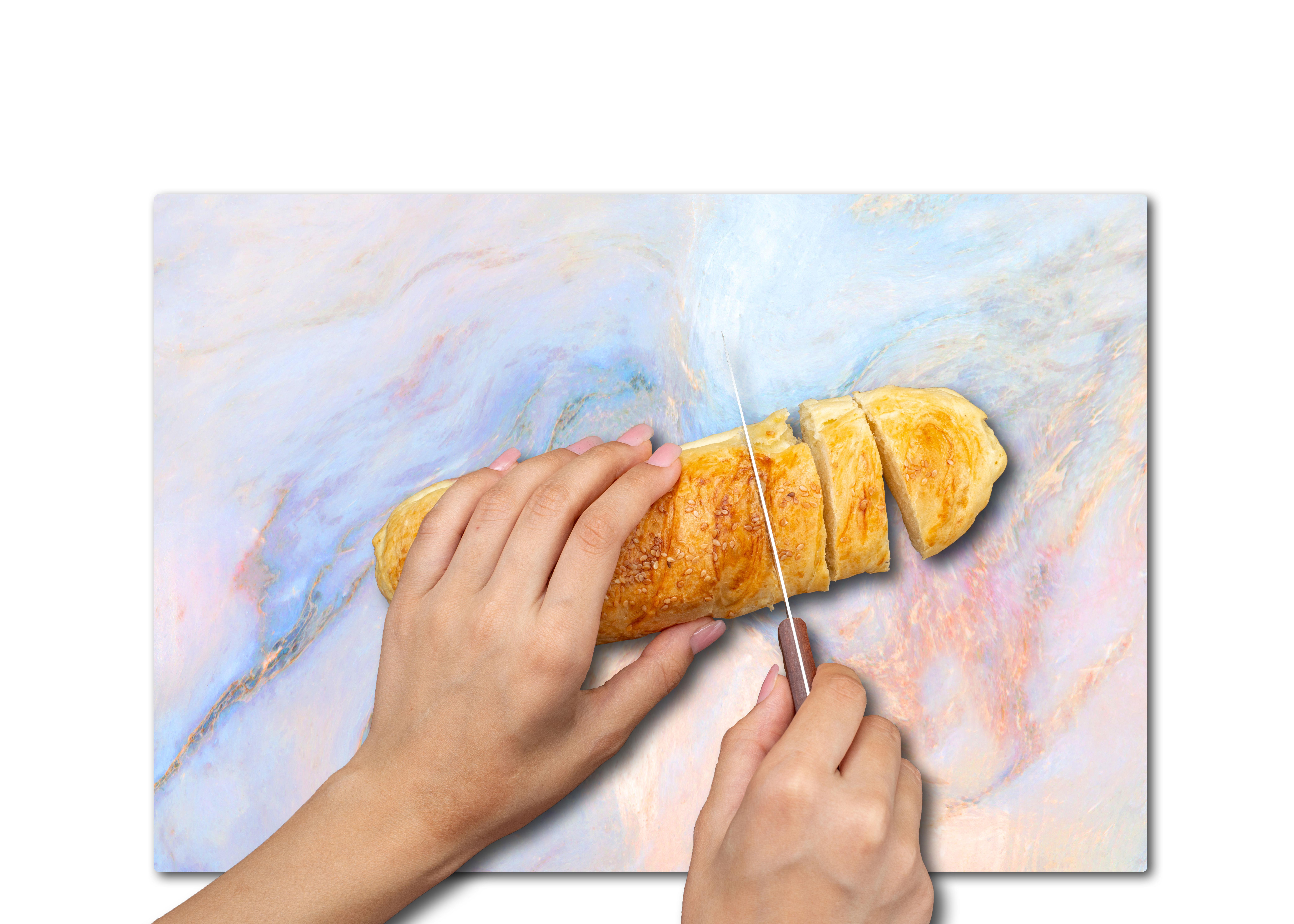 Pastel Mavi Bej Desenli Temperli Cam Kesme Tahtası 20x30 cm | Hijyenik ve Şık Mutfak Aksesuarı