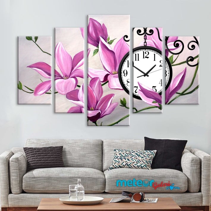 Pembe Çiçekli Saatli Kanvas Tablo