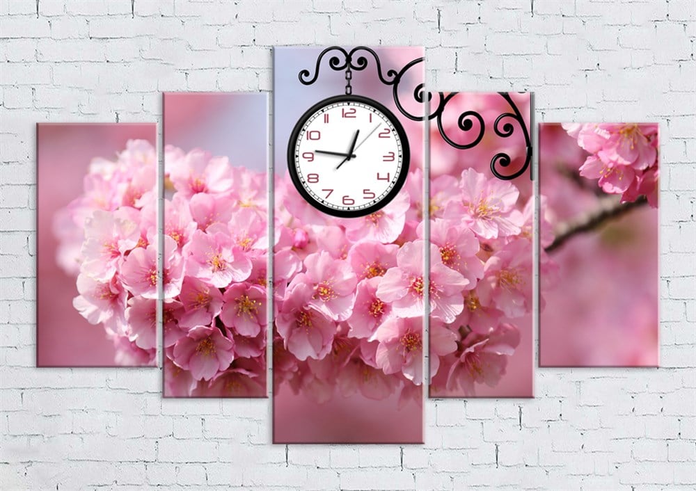 Pembe İlkbahar Çiçekli Saatli Kanvas Tablo
