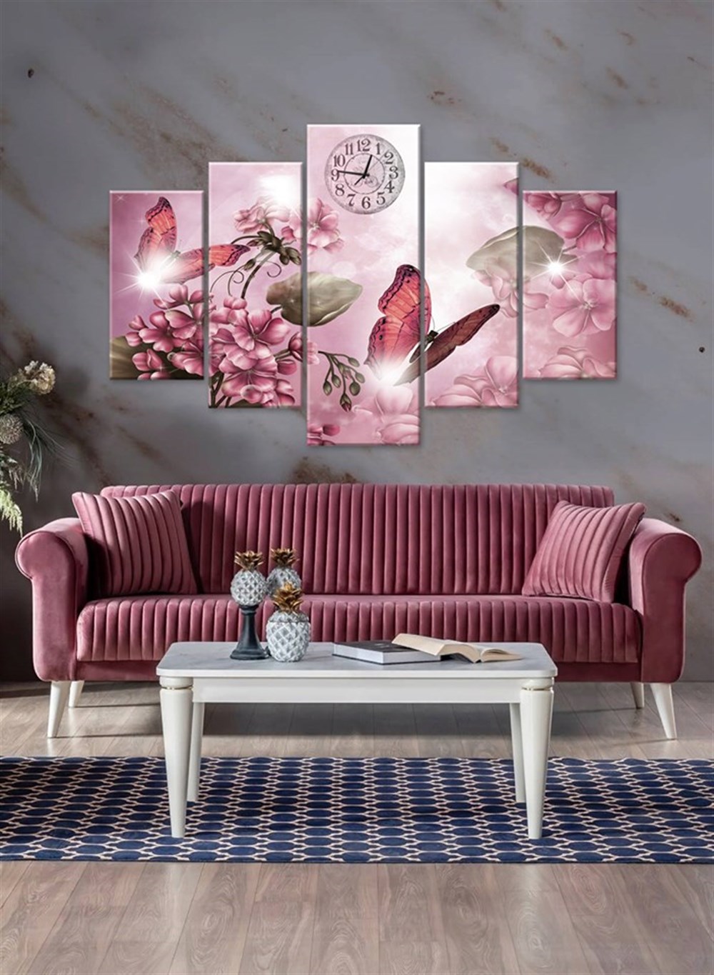 Pembe Kelebekli Çiçekli Saatli Kanvas Tablo