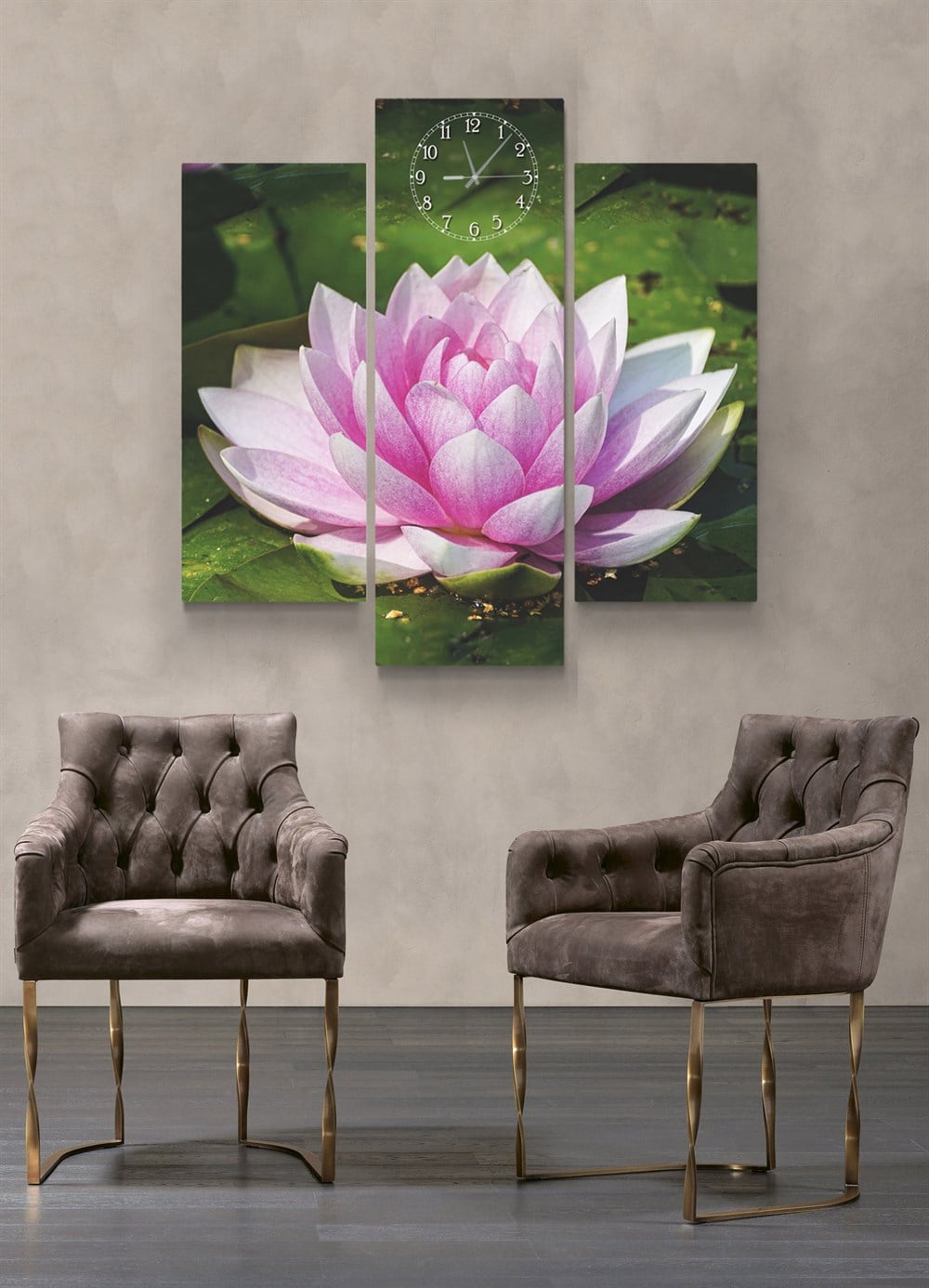 Pembe Lotus Çiçeği Saatli Kanvas Tablo